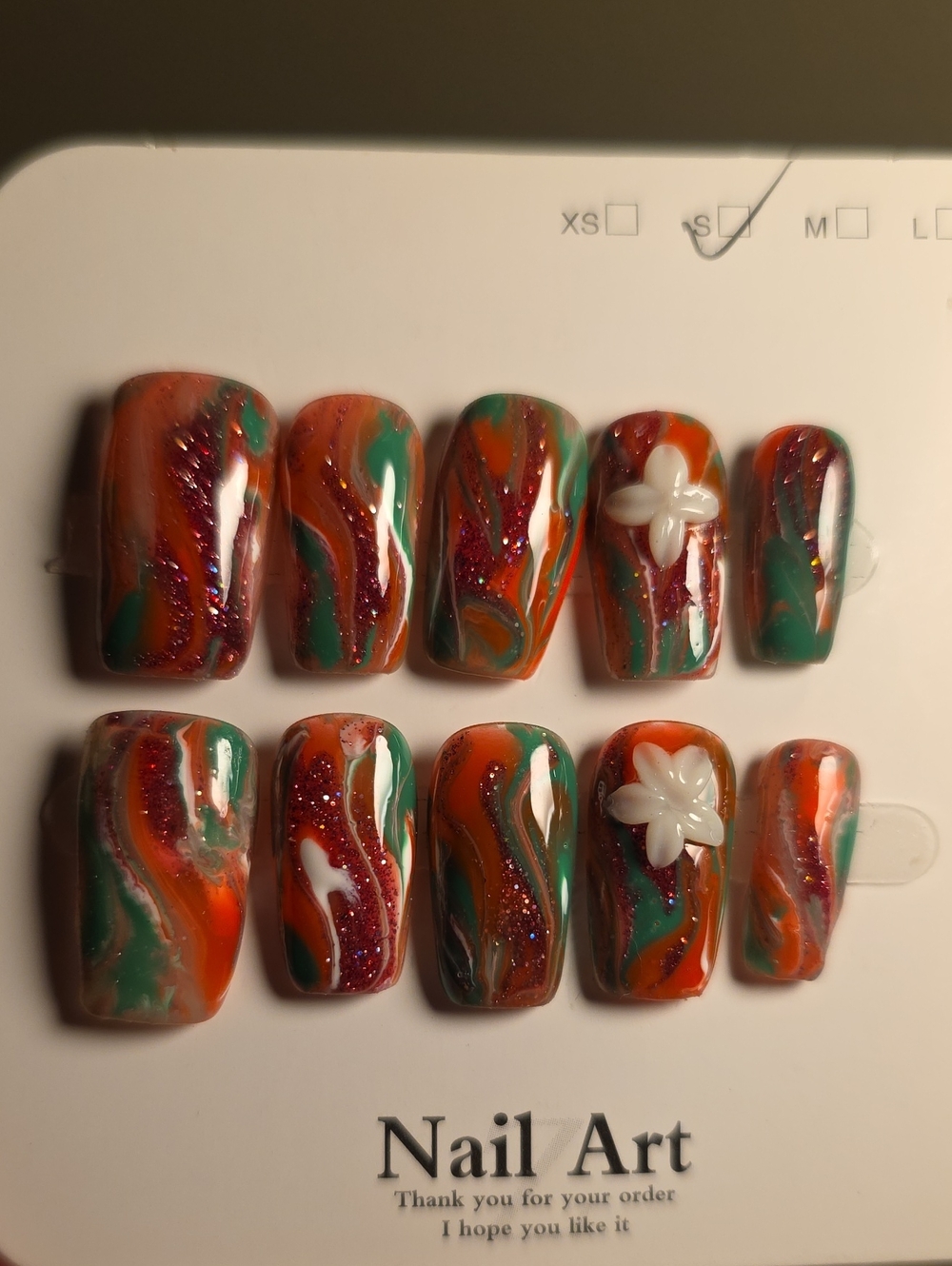 Handmade Orange & Green Swirl Press-On Nail Set with Floral Size Small